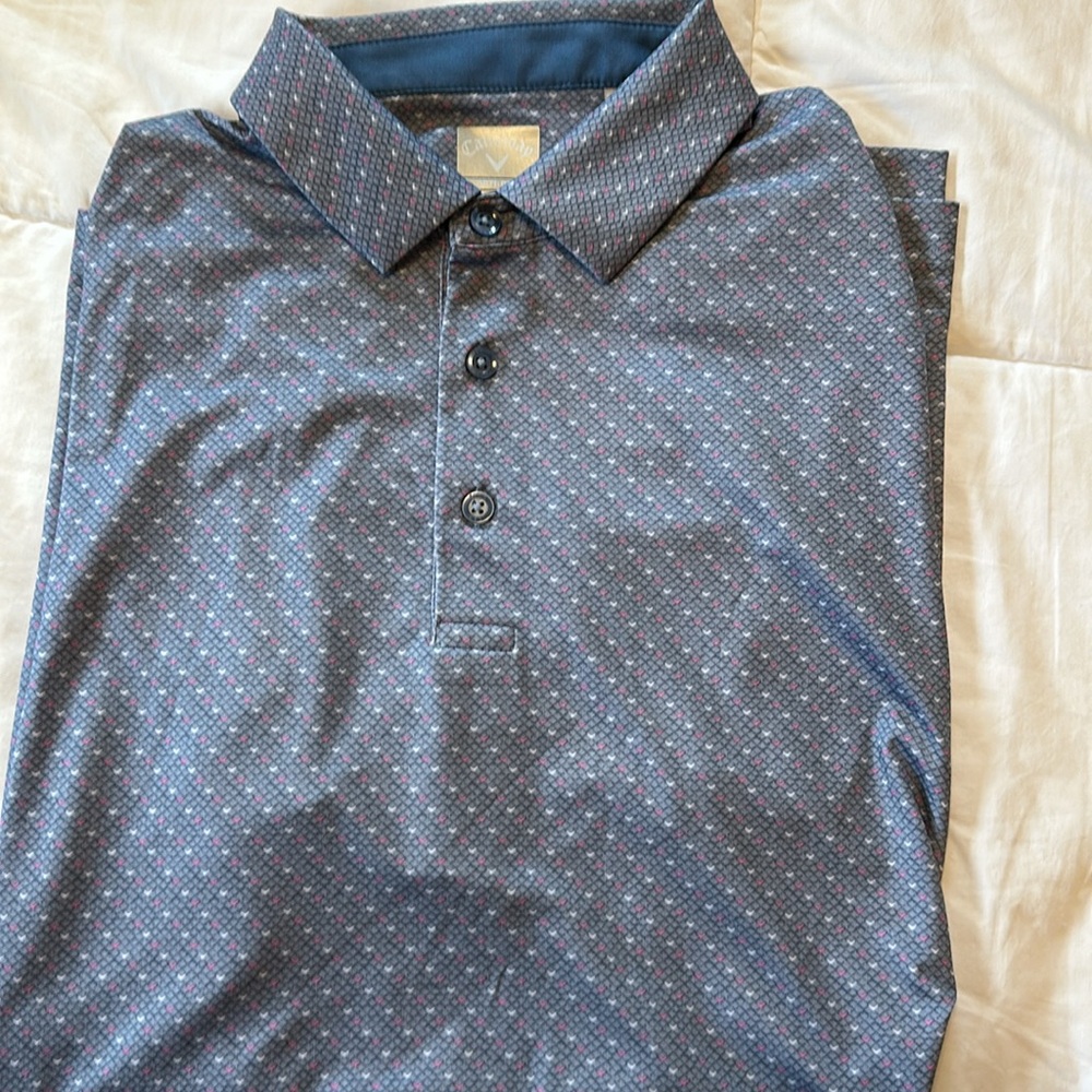 NWOT. Men’s Large Callaway Opti-Dry, Golf Shirt. Blueish-Grey, White and Pink.